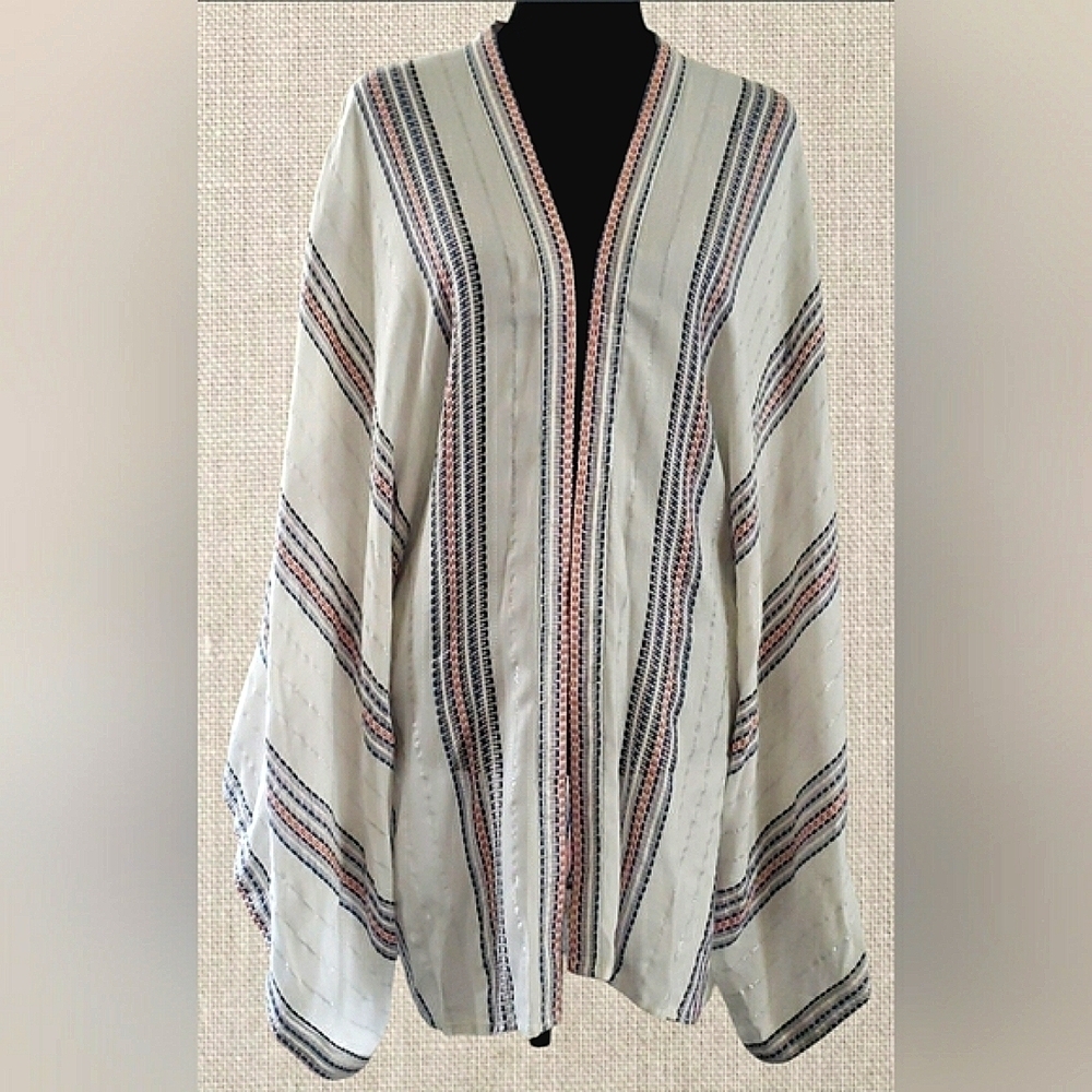 New Coastal XL Cardigan Boho Striped Open Front Kimono Tunic Top Lagenlook